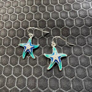 Star Fish Earrings Blue and Silver 18K White Gold Plated